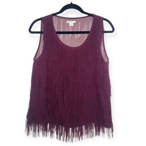 Bar III Front Row Fringe Burgundy Sleeveless Sheer Top